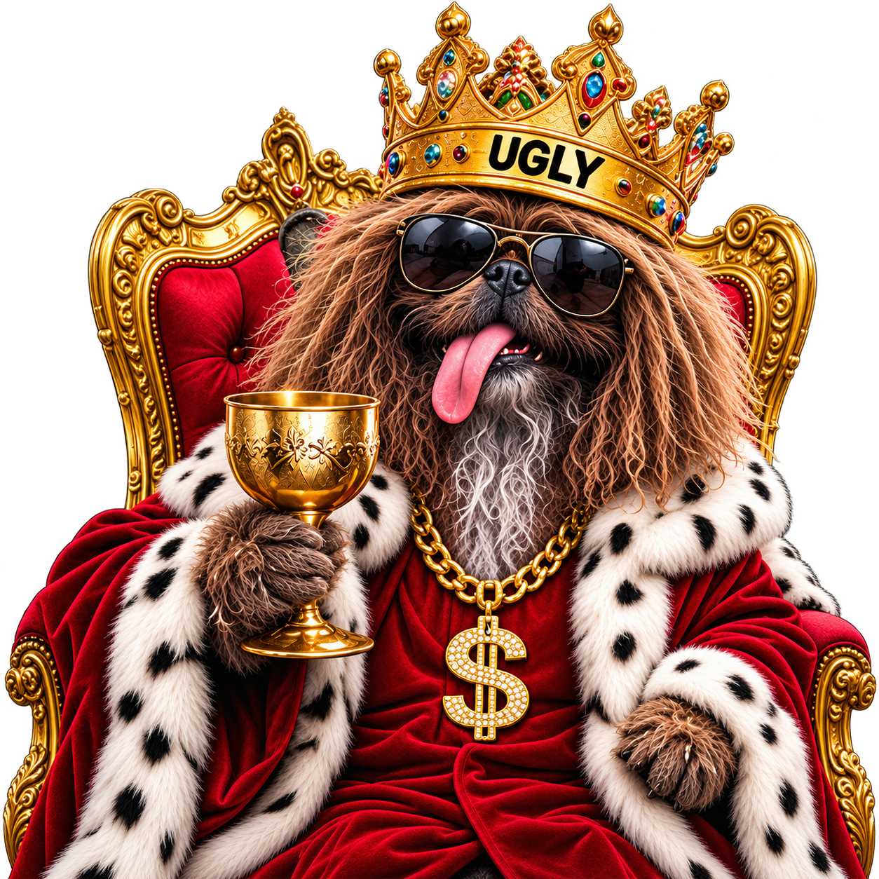 UGLY the dog on a golden throne, wearing a crown and a fur robe, tongue out, holding a gold cup